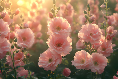 Sun-drenched pink hollyhocks rise gracefully in a summer garden, their delicate petals softly illuminated by warm sunlight. this serene floral scene evokes a sense of tranquility and natural beauty, perfect for vibrant, nature-themed decor. Generative AIの素材