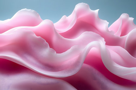 Soft waves of pink and white silk-like fabric flowing gracefully against a blue background. the delicate translucence and smooth texture evoke feelings of elegance and creativity, making it ideal for abstract and artistic design concepts. Generative AIの素材
