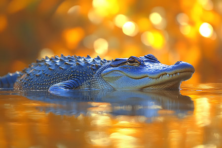 Alligator peacefully floats in a tranquil river, its textured skin illuminated by a golden sunset. the serene scene beauty of wildlife and reflections in nature, ideal for use in nature publications. Generative AIの素材