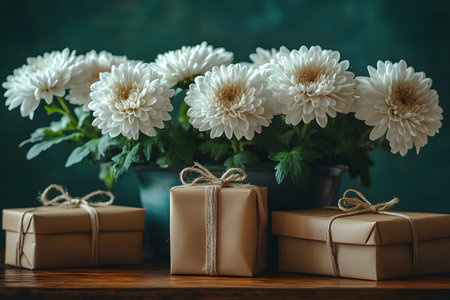 White chrysanthemums in black pots paired with neatly wrapped gift boxes on a wooden table. the arrangement highlights natural beauty and simplicity, suitable for aesthetic themes and floral decor in various settings. Generative AIの素材