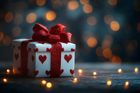 White gift box adorned with a red glittery ribbon and heart patterns sits on a rustic wooden table. soft yellow string lights and warm, blurred bokeh in the background create a romantic, festive ambiance. Generative AIの素材
