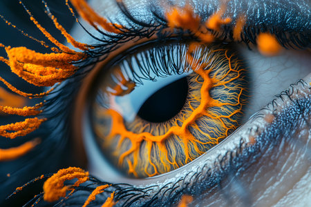 Close-up of a human eye with striking orange and blue hues, showcasing intricate details of the iris and eyelashes. the abstract design emphasizes contrast, texture, and vivid color for contemporary artistic expression. Generative AIの素材