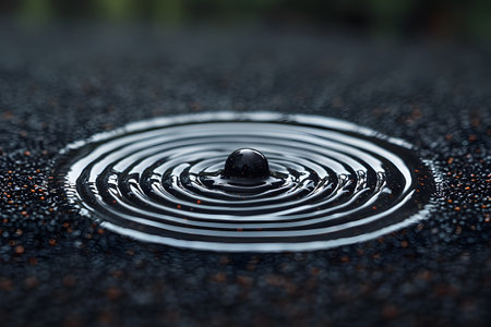 Water droplet creates expanding ripples on a textured surface, illustrating tranquility and natural beauty. perfect for themes of relaxation, meditation, and the calming influences of nature. Generative AIの素材