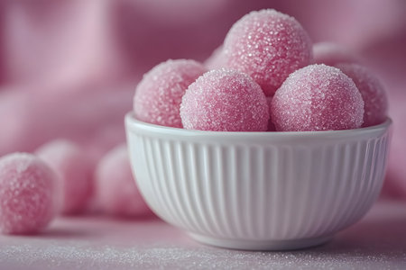 Pink sugar-coated candy balls arranged in a textured white bowl on a soft pink surface. the image exudes a sweet and festive vibe, perfect for themes of confectionery, dessert celebration, or candy-themed designs. Generative AIの素材