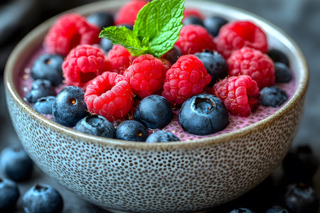 A vibrant breakfast bowl brimming with fresh raspberries and blueberries, topped with a mint leaf. the speckled ceramic bowl adds an artisanal touch to the rich colors of the fruit, creating a visually appealing meal. Generative AIの素材
