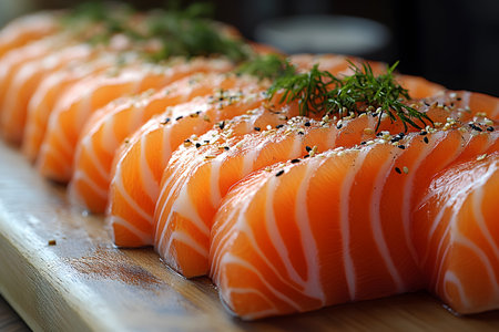 Fresh salmon sashimi slices artfully arranged on a wooden platter, accented with sprigs of dill and sprinkled with sesame seeds. the marbled orange and white fish highlights culinary craftsmanship and is ideal for gourmet dining themes. Generative AIの素材