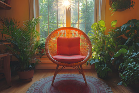 A cozy bohemian interior featuring a rattan chair with vibrant orange cushions framed by a sunlit window. surrounded by lush green plants, this tranquil setting exudes warmth and relaxation in a harmonious home environment. Generative AIの素材