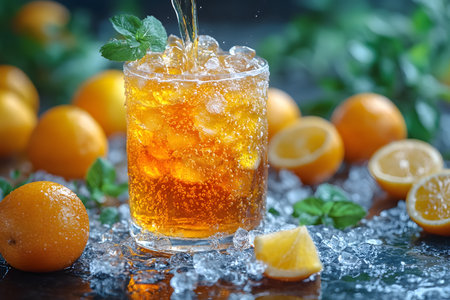 Refreshing iced tea in a glass adorned with fresh mint leaves, surrounded by sliced lemons and oranges on scattered ice. vibrant colors and citrus elements evoke a cooling, summer vibe, perfect for beverage advertisements or seasonal promotions. Generative AIの素材
