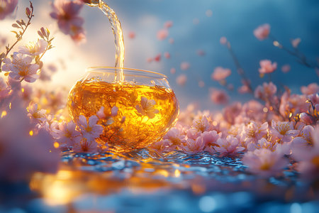 A serene scene featuring a glass teapot pouring golden tea among abundant cherry blossoms. the soft lighting and delicate petals evoke tranquility and the essence of springtime renewal. Generative AIの素材
