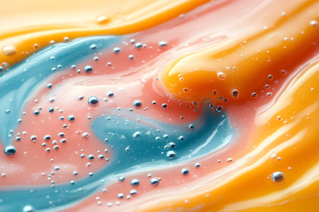 Vivid colors swirl and flow in a mesmerizing abstract fluid art piece, featuring orange, blue, and pink tones. the dynamic movement and glossy texture create a sense of energy and inspiration, perfect for creative designs. Generative AIの素材