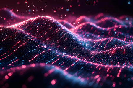 Abstract digital landscape featuring futuristic, pulsating waveforms illuminated by vibrant pink and blue glowing particles. the scene embodies the concept of dynamic motion and technological innovation, perfect for digital design use. Generative AIの素材