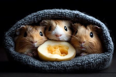 Three adorable guinea pigs snuggle together under a warm knitted blanket. a sliced apple, freshly bitten, rests between them, their curious and playful nature in this charming, cozy setting. Generative AIの素材