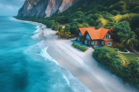 Coastal retreat showcasing a charming house nestled between a pristine sandy beach and lush greenery. the scene is set against a backdrop of turquoise ocean waves and towering cliffs, embodying tranquility and natural beauty. Generative AIの素材