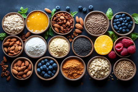 Diverse nuts, berries, grains, and spices arranged in bowls, showcasing vibrant colors and textures. perfect for culinary design, healthy eating concepts, and illustrating food diversity and nutritional variety. Generative AIの素材