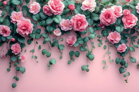 Delicate pink roses intertwined with lush green leaves cascade gracefully against a soft pastel pink backdrop. ideal for floral-themed design projects, social media covers, or home decor. Generative AIの素材