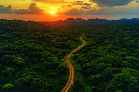 Vibrant sunset illuminates a lush green landscape with a winding dirt path, set against distant mountains. the scene evokes a sense of adventure and tranquility, perfect for nature and travel themes. Generative AIの素材