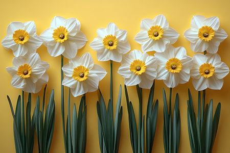 Vibrant, white and yellow daffodils are arranged in a row against a bright yellow background. showcasing the elegant long green stems and delicate petals, this botanical scene is perfect for spring-themed art and decor. Generative AIの素材
