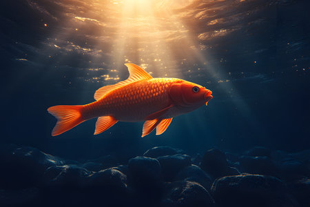 Vibrant golden fish gliding gracefully through sunlit waters, casting reflections on rocky riverbed. sunbeams penetrate the tranquil aquatic environment, creating a serene and ethereal underwater ambiance ideal for nature-inspired decor. Generative AIの素材