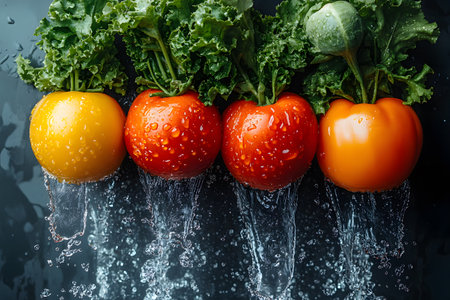 Vibrant vegetables including yellow and red peppers, and tomatoes, are lined up with a backdrop of cascading water. the fresh produce is glistening, emphasizing freshness, health, and culinary appeal, perfect for food photography. Generative AIの素材