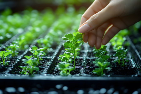 Close-up of a hand tending to young seedlings in a greenhouse setting, symbolizing sustainable agriculture and growth. the vibrant green plants illustrate nurturing and care in an eco-friendly environment. Generative AIの素材