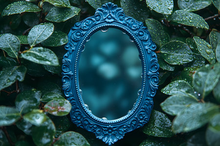 A vintage blue ornate mirror contrasts beautifully with lush green foliage, creating a captivating blend of nature and artistry. raindrops on the leaves add a fresh, serene ambiance, enhancing the scene's tranquil mood. Generative AIの素材