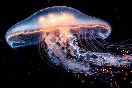 A mesmerizing jellyfish elegantly floats in the dark ocean, illuminated by its bioluminescent glow. the tentacles extend gracefully, dotted with tiny lights, showcasing the captivating beauty of marine life. Generative AIの素材