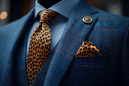 Elegant business attire featuring a blue plaid suit complemented by a leopard print tie and pocket square. the sophisticated ensemble showcases a blend of classic tailoring and bold styling, perfect for modern professional wear. Generative AIの素材