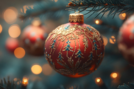 A beautifully decorated red christmas ornament adorned with intricate golden designs hangs delicately from a pine tree branch. the background features a warm glow of soft bokeh lights, creating a festive and cozy atmosphere. Generative AIの素材