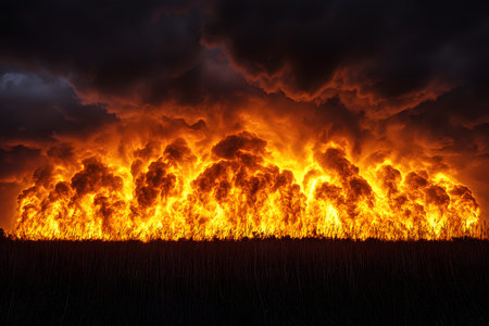 A powerful scene depicting a massive fire engulfing a field under dark stormy clouds. this dramatic image intensity and destructive force of nature, suitable for themes of crisis and environmental awareness. Generative AIの素材
