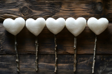Rustic heart-shaped ornaments lined up on a textured wooden background, each heart attached to a twig-like stem. ideal for romantic occasions, valentine s day decor, or rustic-themed design projects. Generative AIの素材