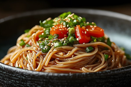 A close-up view of a bowl of savory asian noodles topped with vibrant cherry tomatoes, chopped green onions, and sesame seeds. the dish is showcased in an elegant dark bowl, emphasizing the rich colors and textures of the ingredients. Generative AIの素材