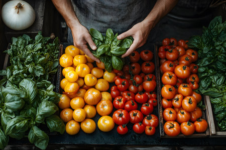 Variety of heirloom tomatoes in shades of red and yellow displayed alongside fresh basil leaves. hands arranging the greens at a farmers market stall, showcasing a vibrant selection of organic produce and culinary essentials. Generative AIの素材
