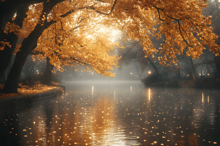 Golden autumn leaves hang over a tranquil river, creating a mesmerizing scene with their reflection on the water's surface. a soft mist adds an ethereal quality to this peaceful landscape, evoking calmness and serenity. Generative AIの素材