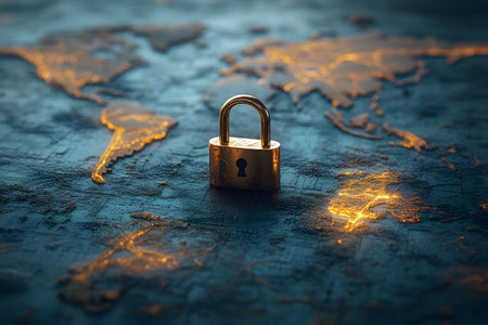 Golden padlock centrally placed on a stylized world map, symbolizing global security and data protection. the lock represents cybersecurity, international privacy measures, and secure communication across continents. Generative AIの素材