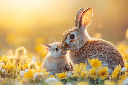 A tender moment between a mother and baby rabbit surrounded by vibrant yellow wildflowers. the soft golden glow of the sunset enhances the serene spring atmosphere, capturing the essence of nature's gentle beauty and family bonds. Generative AIの素材