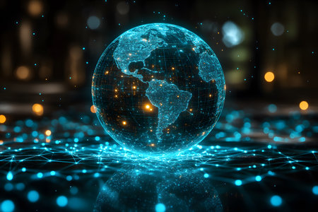 Futuristic digital representation of earth with vibrant blue and orange lights, emphasizing neural network connections and global communication. ideal for concepts related to technology, innovation, and global connectivity. Generative AIの素材