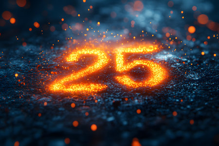 Glowing number 25 depicted on a dark surface, illuminated by vibrant orange sparks resembling fireworks. perfect for use in anniversary celebrations, milestone events, or festive designs. Generative AIの素材