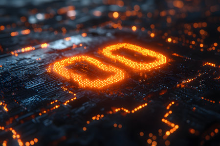 Futuristic digital circuit board featuring a glowing orange number zero, symbolizing technology and digital innovation. the illuminated details create a high-tech ambiance, suitable for technology-themed media, presentations, and design projects. Generative AIの素材