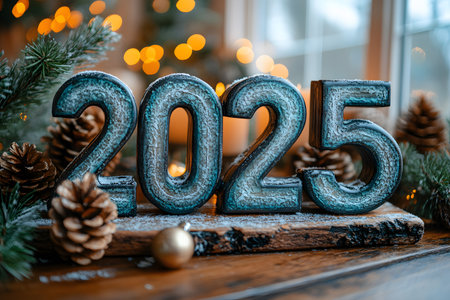 Festive holiday setting featuring the year 2025 in bold, textured numbers. surrounded by pine cones, evergreen branches, and warm bokeh lights, creating a cozy atmosphere perfect for new year celebrations. Generative AIの素材