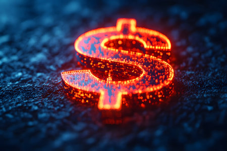 A luminous digital dollar sign emits a warm red glow against a textured, dark background. the vivid light and shadow contrast highlight themes of finance, digital currency, and modern economics, perfect for design and financial concepts. Generative AIの素材