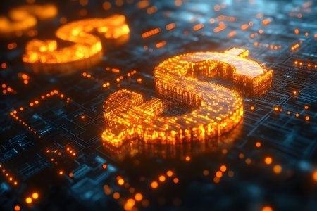 Glowing dollar symbols emerge from a digital circuit board, representing the intersection of finance and technology. this visual metaphor essence of digital currencies and online transactions. Generative AIの素材