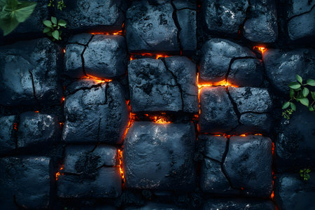 A striking view of cracked volcanic rocks revealing glowing lava underneath, illustrating the dynamic beauty of geology. small green plants add contrast, nature's resilience amidst the fiery landscape. Generative AIの素材