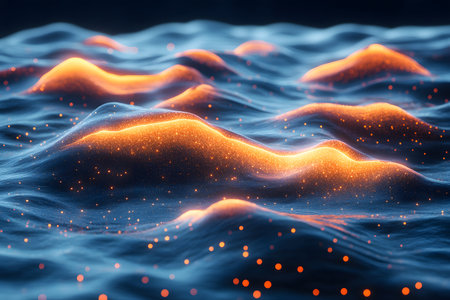 Abstract digital artwork featuring a sea of smooth, wave-like forms illuminated with glowing orange accents. the vibrant and dynamic scene is ideal for use in futuristic designs, backgrounds, and digital art projects. Generative AIの素材