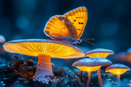 Butterfly perched atop bioluminescent mushrooms, creating a captivating blend of nature and fantasy. soft blue lighting highlights the delicate wings and glowing fungi, evoking a whimsical and enchanting forest scene. Generative AIの素材