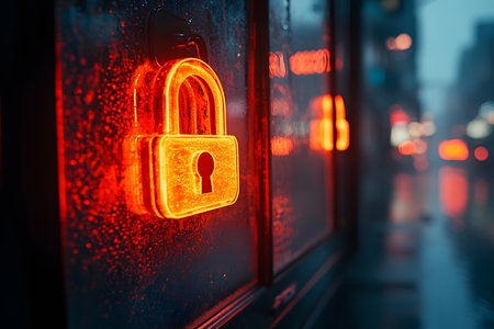 Neon lock icon glows against a rainy city backdrop, symbolizing cybersecurity. the vibrant red lock represents privacy and data protection, contrasting with the blurred urban lights to highlight digital security in a dynamic environment. Generative AIの素材