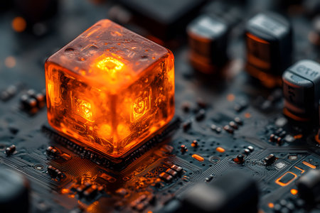 A glowing orange cube rests centrally on a detailed circuit board, symbolizing modern technological advancements. the intricate network of circuits underscores themes of innovation, electronics, and future tech applications. Generative AIの素材