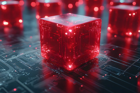 A dynamic futuristic scene features a glowing red cube atop a digital circuit board, symbolizing advanced technology, innovation, and digital connectivity. the cube's luminescence highlights the intricate patterns on the circuit board, evoking themes of data processing and tech evolution. Generative AIの素材