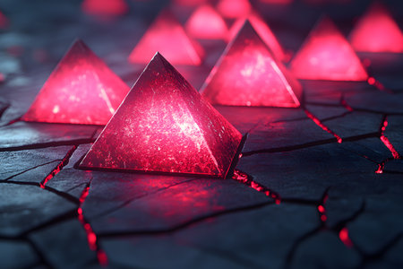 Glowing red pyramids sit on a cracked, dark surface, emitting an otherworldly light. the scene evokes a futuristic, sci-fi ambiance, ideal for creative design use in posters, digital art, or themed backgrounds. Generative AIの素材