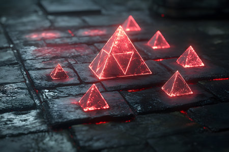 Neon-lit pyramids on a wet stone pathway create a futuristic and cyberpunk aesthetic. the glowing geometrical shapes offer a captivating contrast against the dark, textured background, embodying a science fiction theme. Generative AIの素材