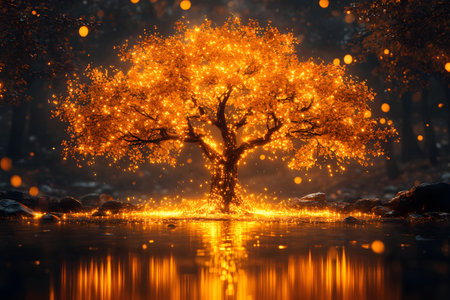 A stunning tree with luminous golden leaves stands by a serene lake, reflecting its ethereal light during the dusk hours. the surrounding environment is tranquil and dark, accentuating the tree's enchanting glow and creating a mystical atmosphere. Generative AIの素材